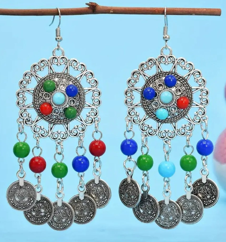 Large Vintage Coins Beads Dream Catcher Dilver Plated Drop Dangle Earrings