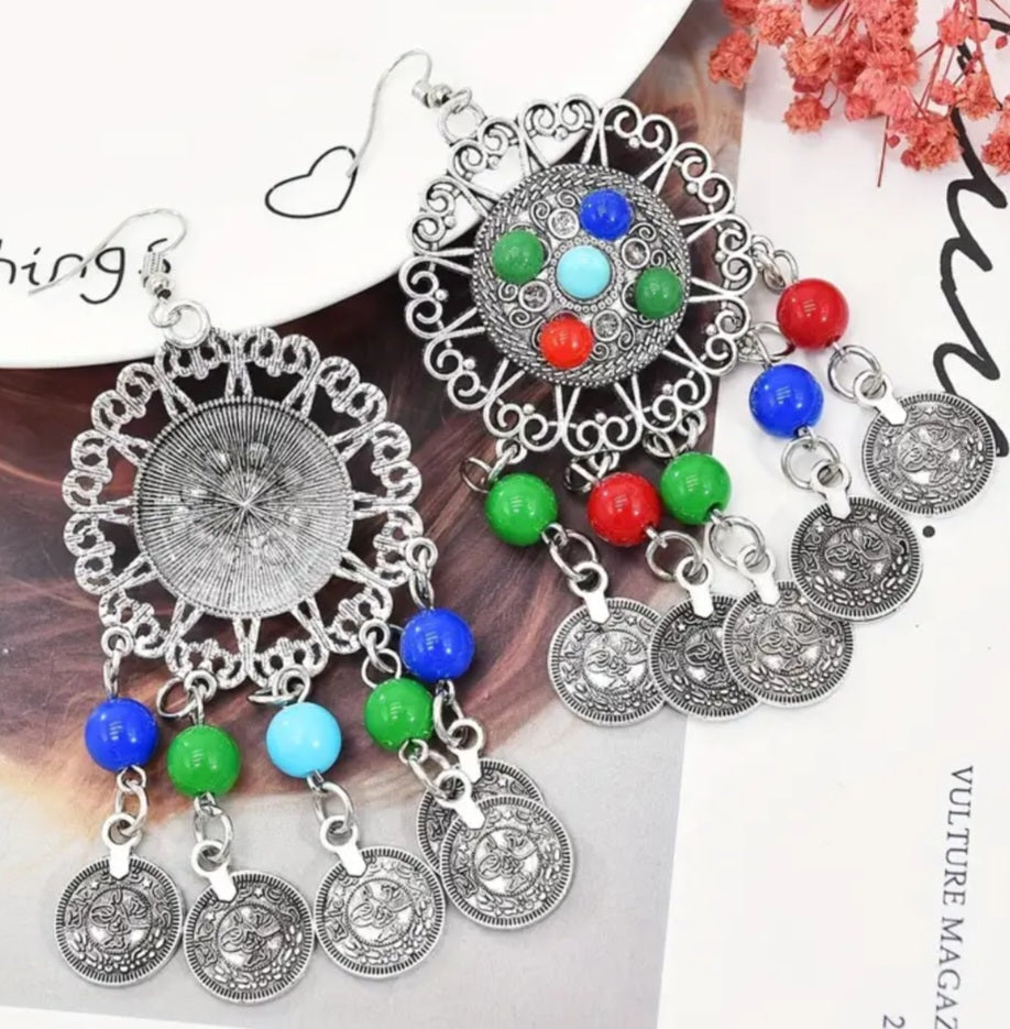 Large Vintage Coins Beads Dream Catcher Dilver Plated Drop Dangle Earrings