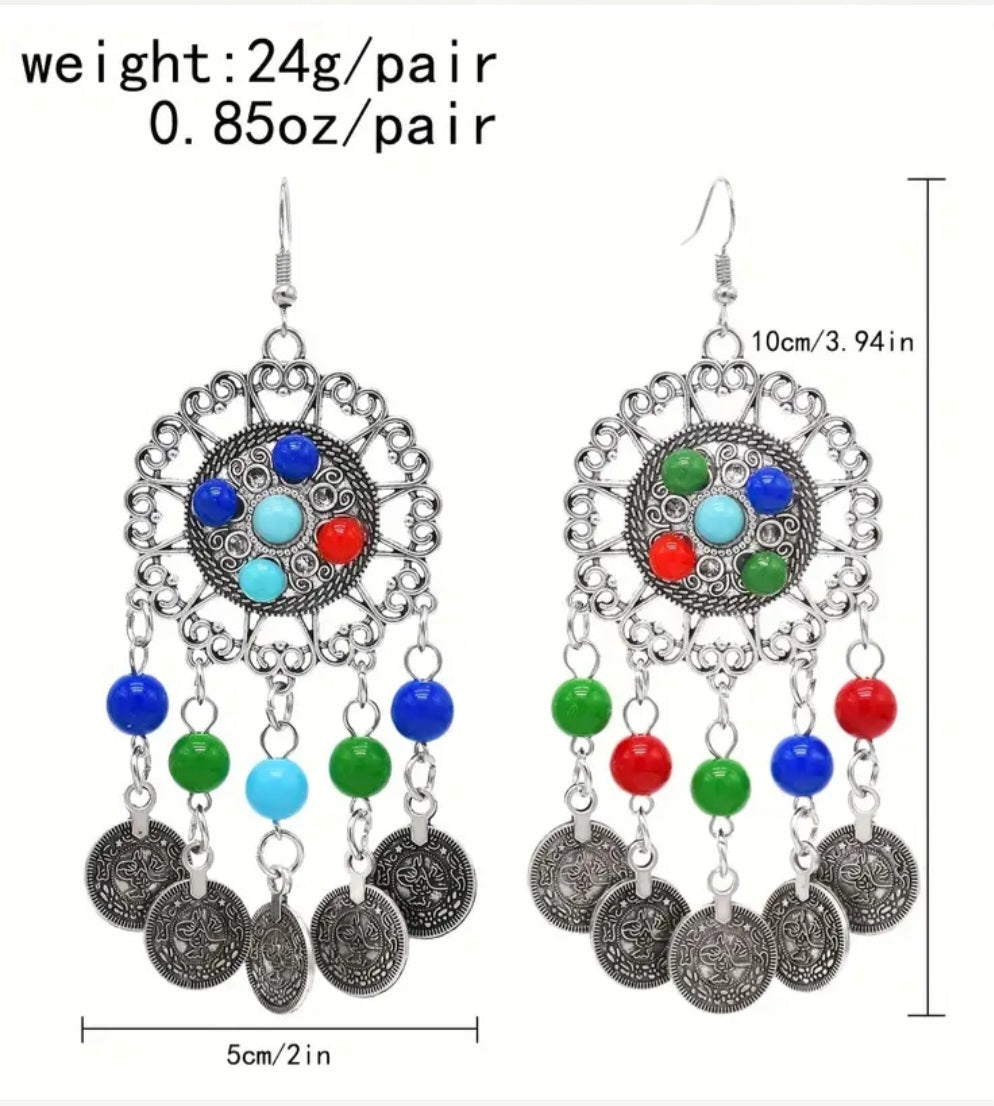 Large Vintage Coins Beads Dream Catcher Dilver Plated Drop Dangle Earrings