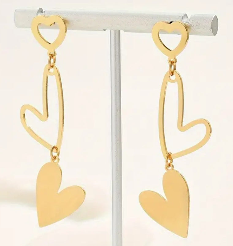 Gold Plated Super Light Triple Heart Drop Dangle Earrings