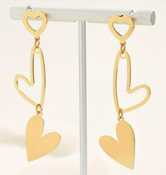 Gold Plated Super Light Triple Heart Drop Dangle Earrings