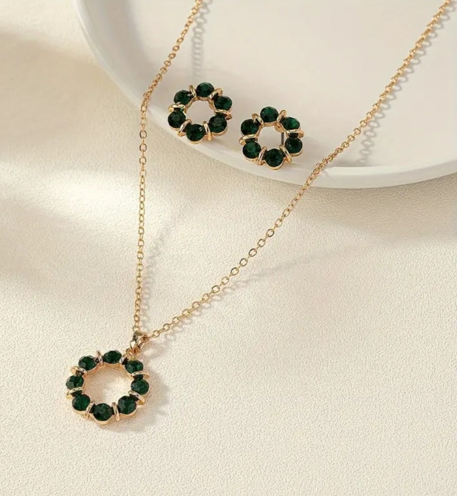 Dainty Gold Plaited Rhinestone Green Gems Necklace And Stud Earring Set