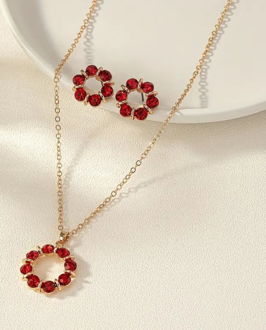 Dainty Gold Plaited Rhinestone Red Gems Necklace And Stud Earring Set