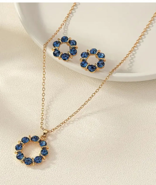 Dainty Gold Plaited Rhinestone  Sky Blue Gems Necklace And Stud Earring Set