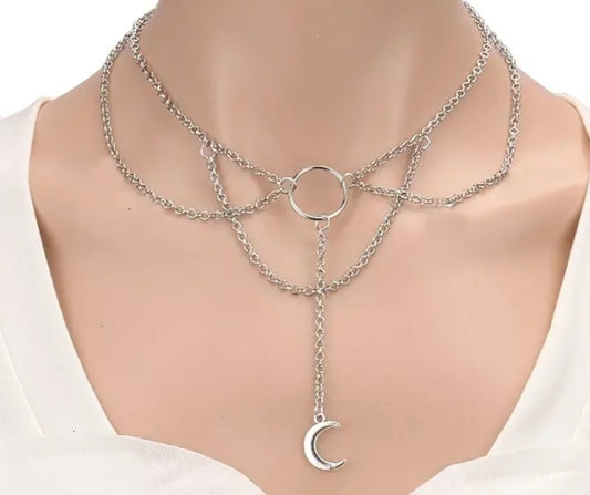 Cresent Moon Gothic Silver Plated  Metal Chain Chocker Necklace