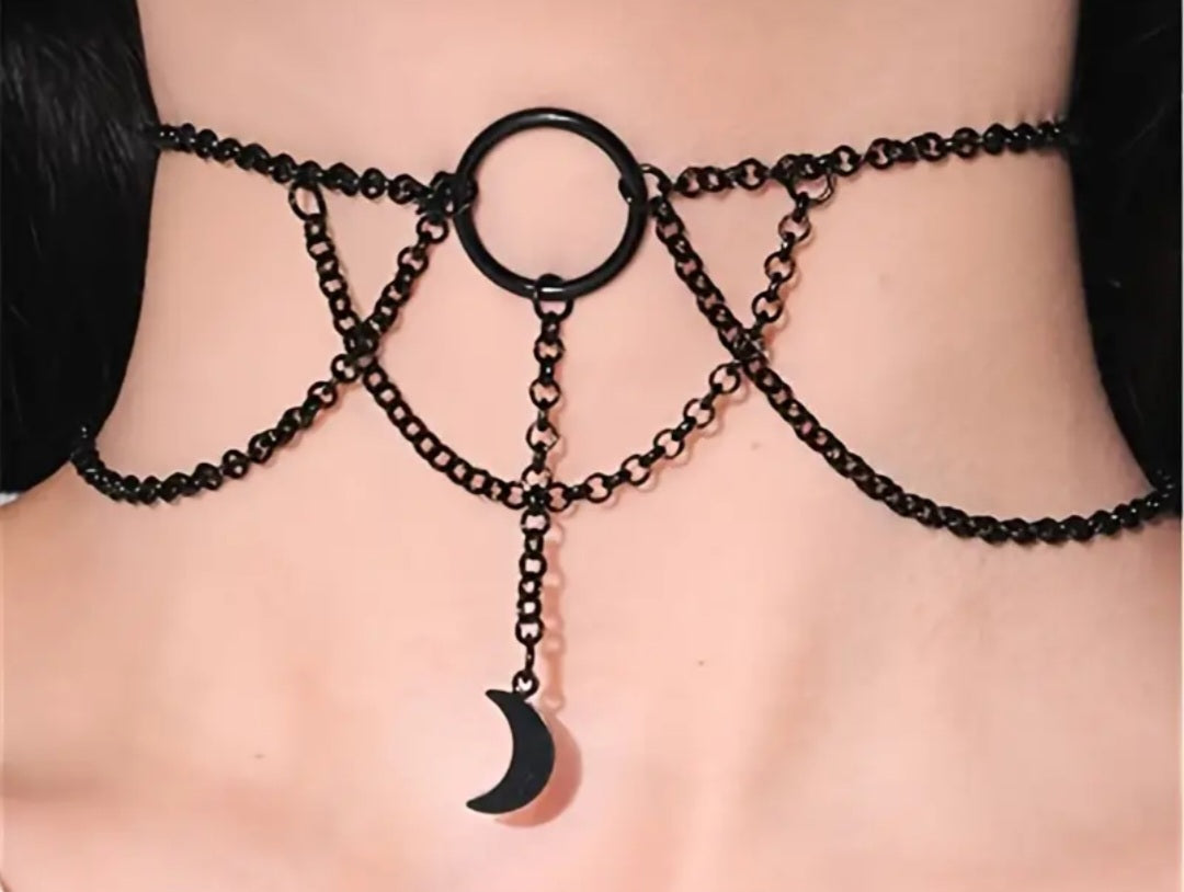 Cresent Moon Gothic Black Metal Chain Chocker Necklace