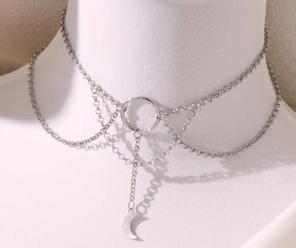 Cresent Moon Gothic Silver Plated  Metal Chain Chocker Necklace