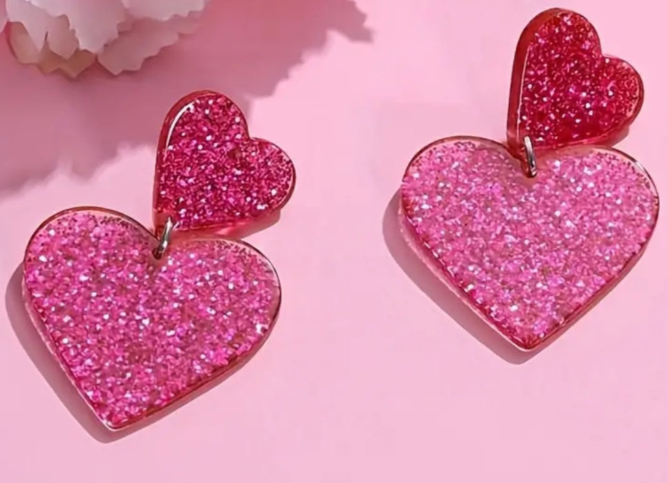 Double Heart Acrylic Sparkle Hot Pink Glitter Medium Size Sweet Drop Dangle Earrings