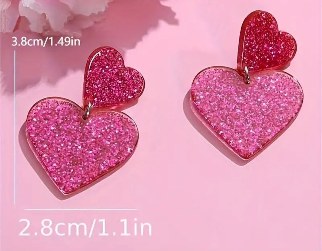 Double Heart Acrylic Sparkle Hot Pink Glitter Medium Size Sweet Drop Dangle Earrings