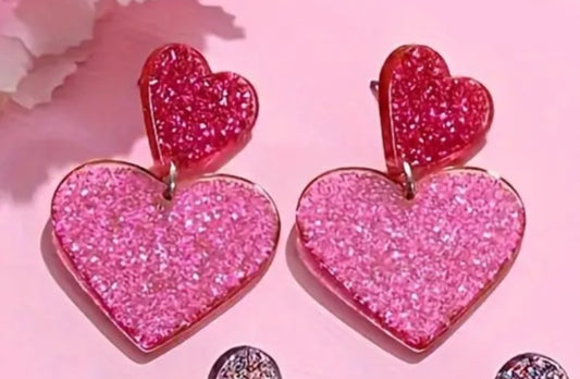 Double Heart Acrylic Sparkle Hot Pink Glitter Medium Size Sweet Drop Dangle Earrings