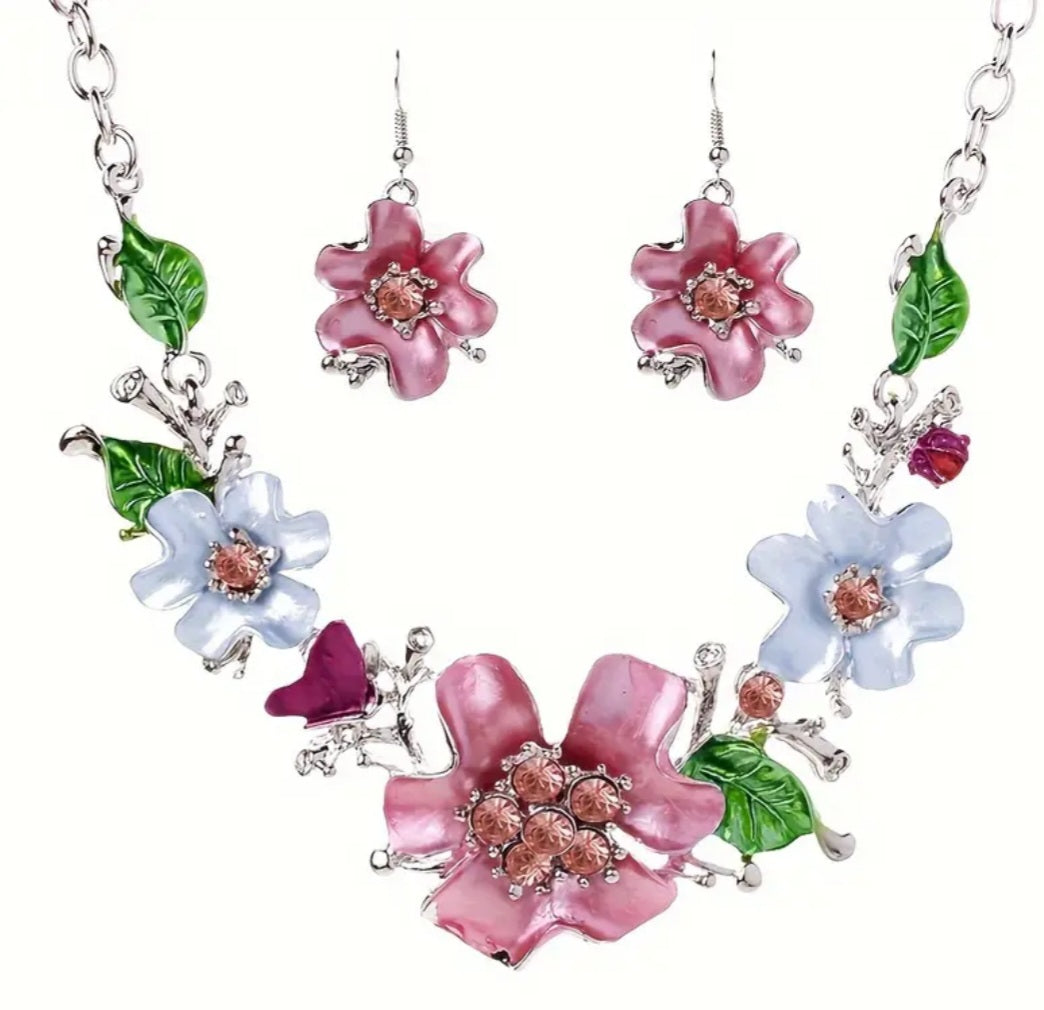 Colourful Floral Design Enamel Rhinestone Accents Silver Plated Necklace And Earrings