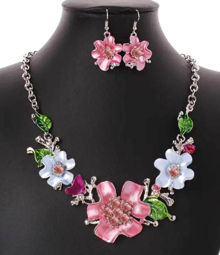 Colourful Floral Design Enamel Rhinestone Accents Silver Plated Necklace And Earrings