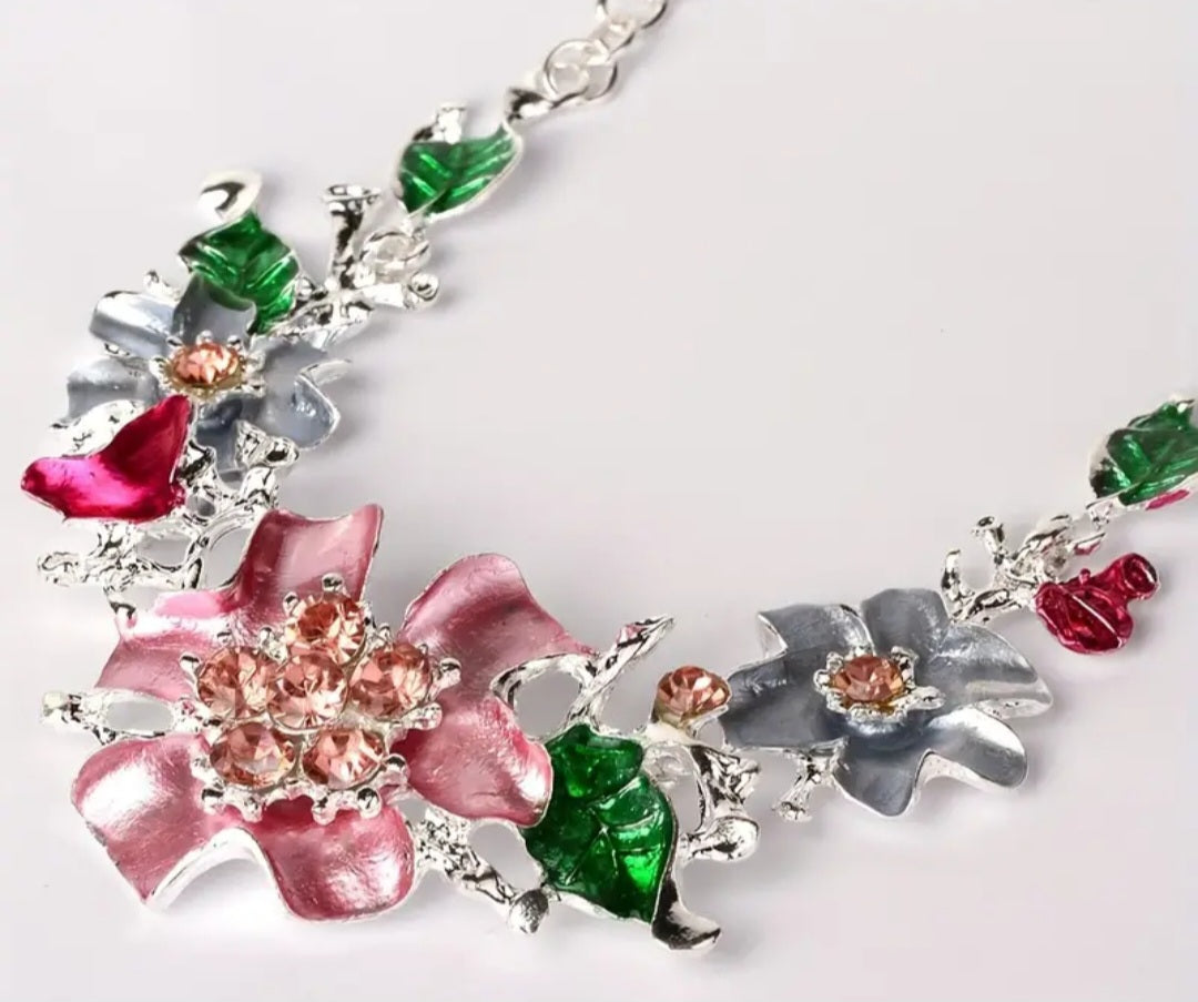 Colourful Floral Design Enamel Rhinestone Accents Silver Plated Necklace And Earrings