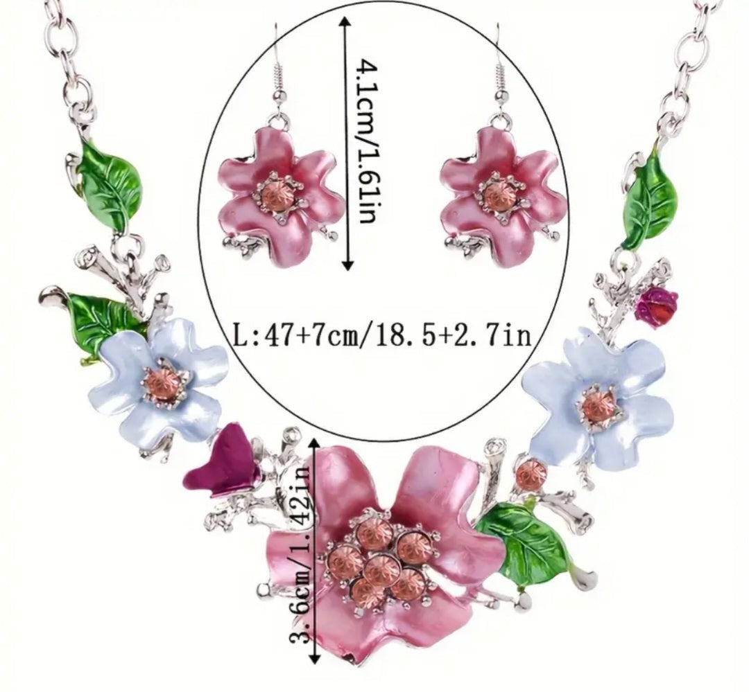 Colourful Floral Design Enamel Rhinestone Accents Silver Plated Necklace And Earrings