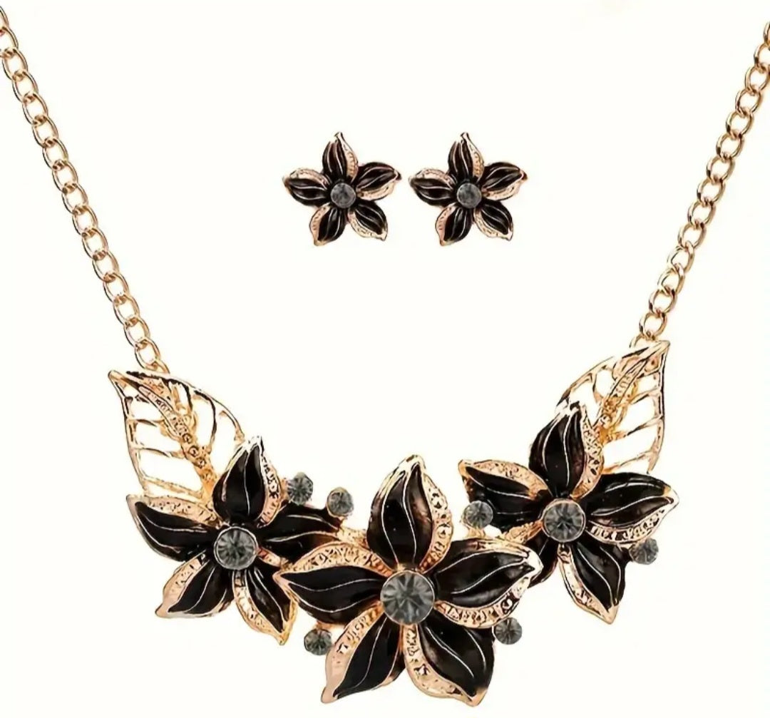 Black Floral Enanel Rhinestines Gold Plated Necklace And Earrings