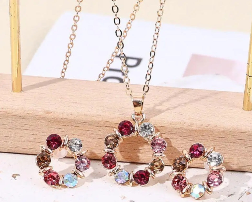 Dainty Gold Plaited Rhinestone Colourful Gems Necklace And Stud Earring Set