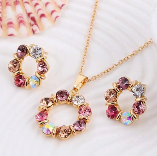 Dainty Gold Plaited Rhinestone Colourful Gems Necklace And Stud Earring Set