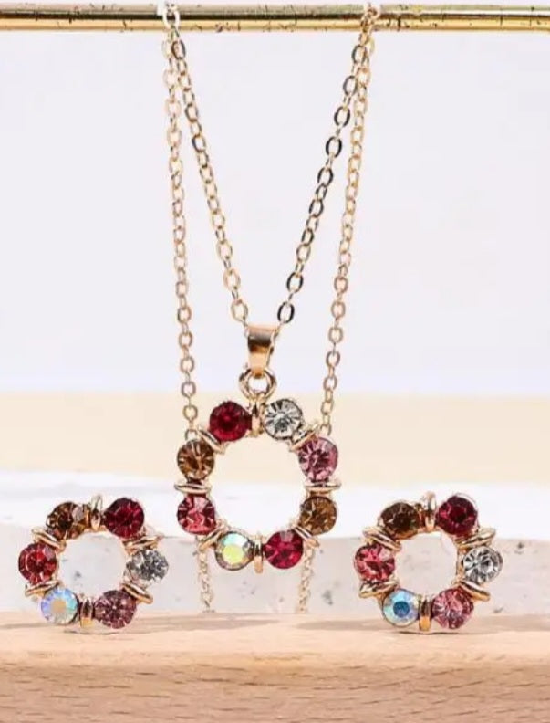 Dainty Gold Plaited Rhinestone Colourful Gems Necklace And Stud Earring Set