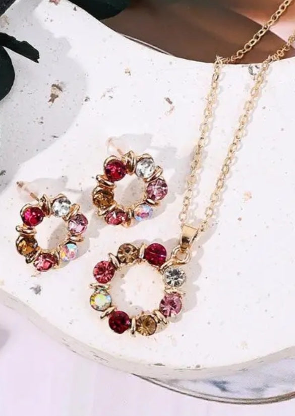 Dainty Gold Plaited Rhinestone Colourful Gems Necklace And Stud Earring Set