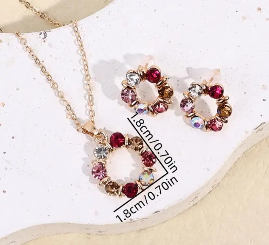 Dainty Gold Plaited Rhinestone Colourful Gems Necklace And Stud Earring Set