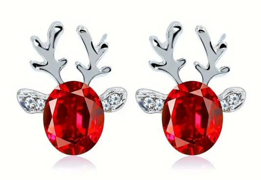 Christmas Festive Ruby Red Rhinestone Crystal Silver Plated Reindeer Head Design Stud Earrings