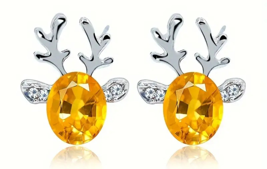 Christmas Festive Ruby Red Rhinestone Citrine Orange  Clear Plated Reindeer Head Design Stud Earrings