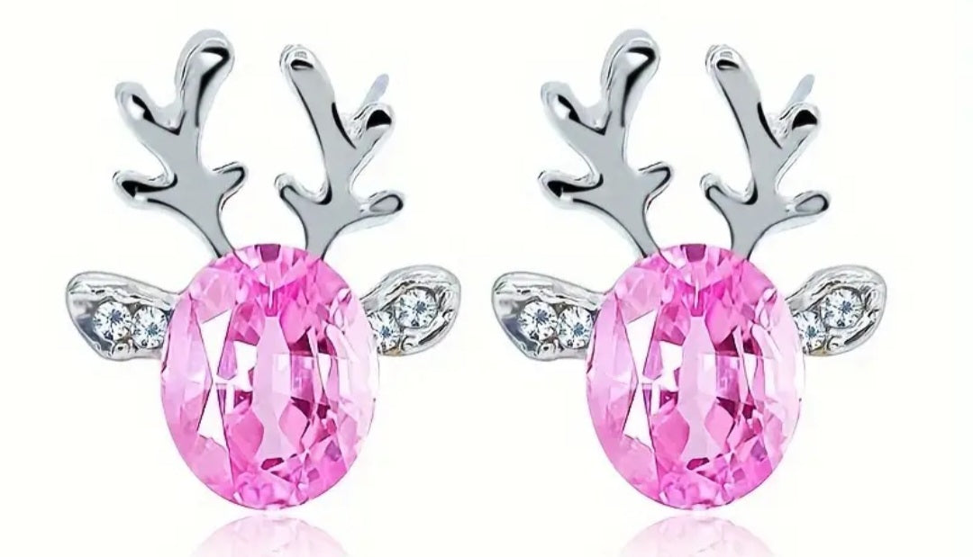 Christmas Festive Ruby Red Rhinestone Candy Pink  Clear Plated Reindeer Head Design Stud Earrings