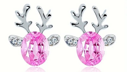 Christmas Festive Ruby Red Rhinestone Candy Pink  Clear Plated Reindeer Head Design Stud Earrings