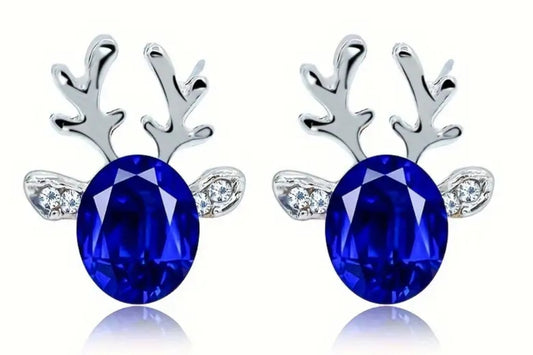 Christmas Festive Royal Blue Rhinestone Crystal Silver Plated Reindeer Head Design Stud Earrings