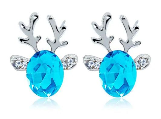 Christmas Festive Sky Blue Rhinestone Crystal Silver Plated Reindeer Head Design Stud Earrings