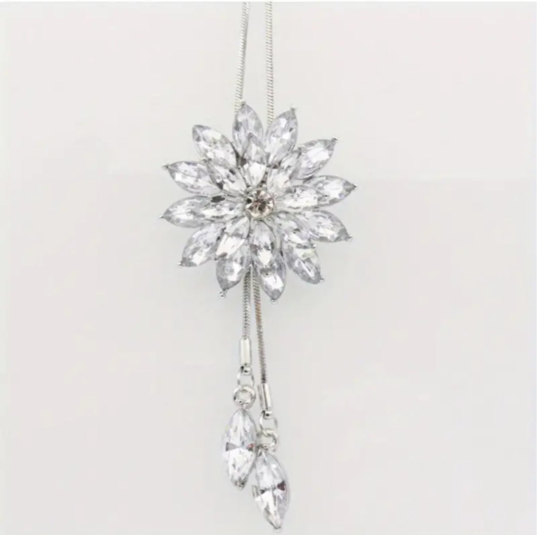 Bling Large Stunning  Snowflake Flower Design Silver Plated Rhinestone Crystal Y Rope Necklace