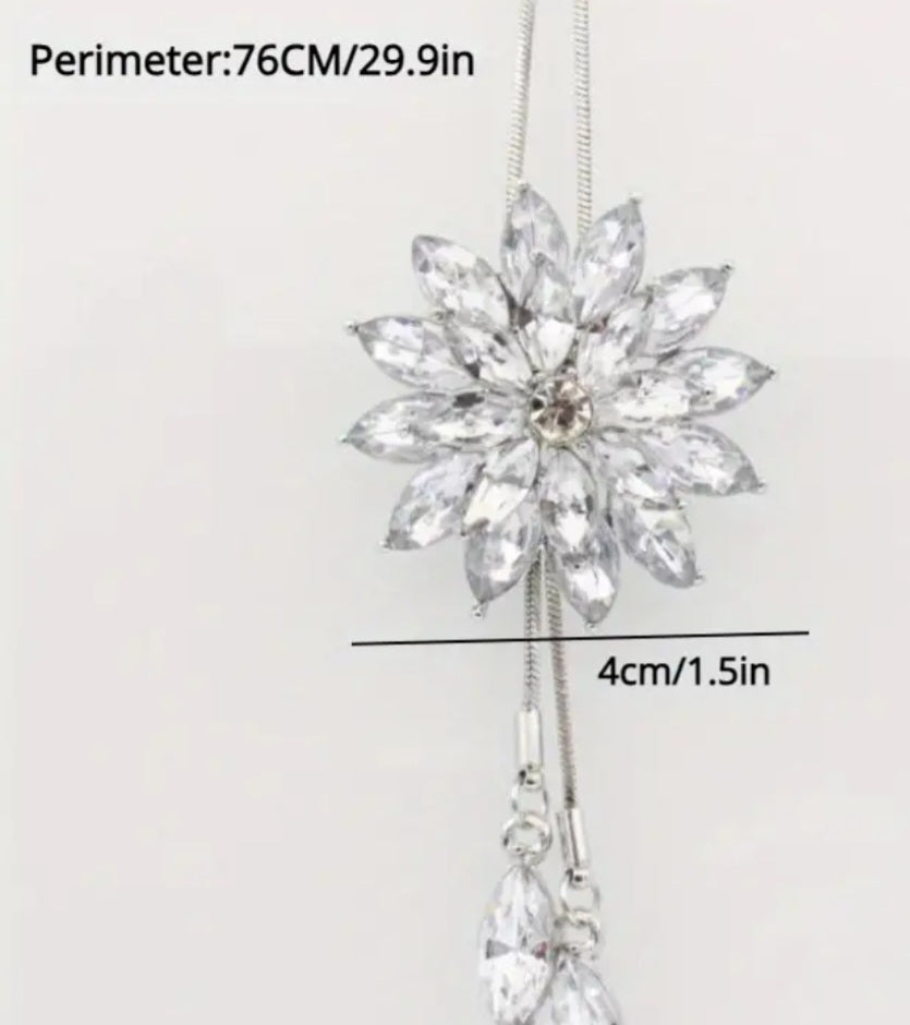 Bling Large Stunning  Snowflake Flower Design Silver Plated Rhinestone Crystal Y Rope Necklace