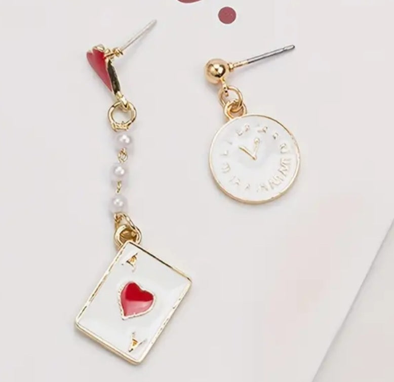 Alice In Wonderland Inspired Playing Card Faux Pearl Clock Mismatched Enamel Gold Plated Drop Earrings