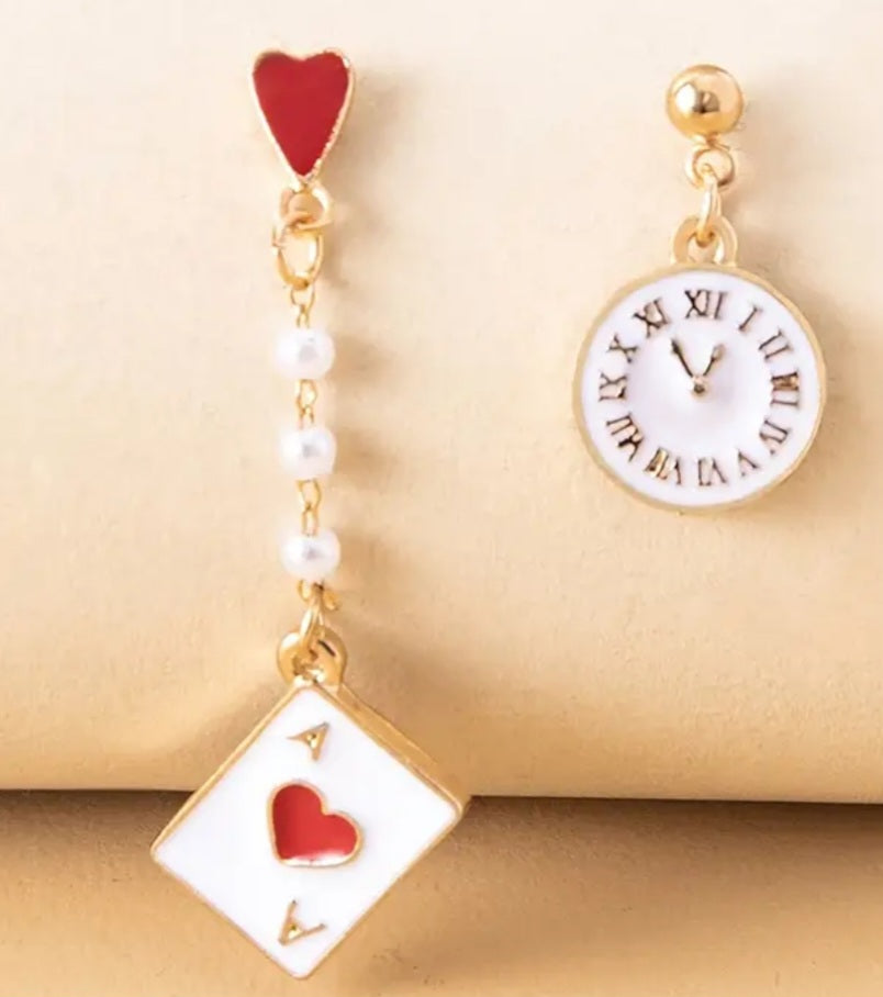 Alice In Wonderland Inspired Playing Card Faux Pearl Clock Mismatched Enamel Gold Plated Drop Earrings