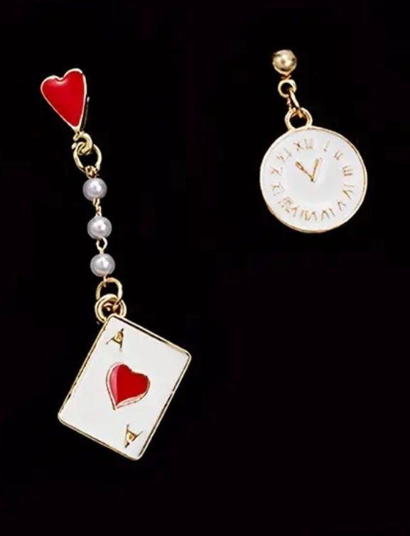 Alice In Wonderland Inspired Playing Card Faux Pearl Clock Mismatched Enamel Gold Plated Drop Earrings