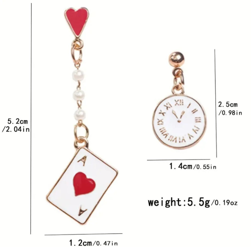 Alice In Wonderland Inspired Playing Card Faux Pearl Clock Mismatched Enamel Gold Plated Drop Earrings