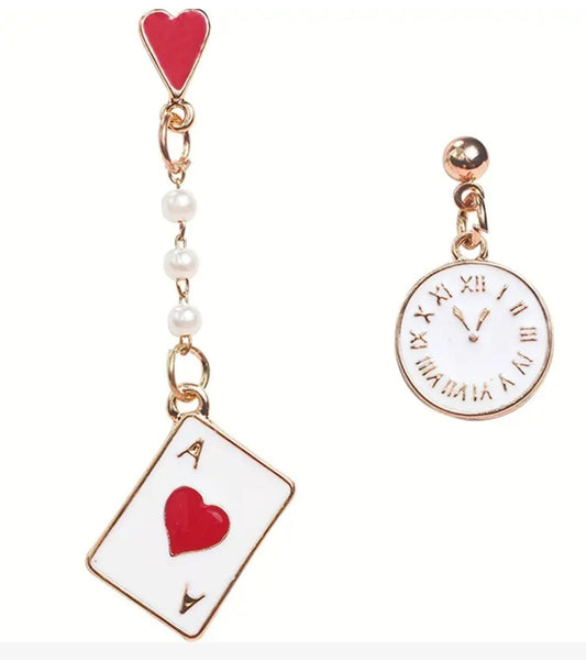 Alice In Wonderland Inspired Playing Card Faux Pearl Clock Mismatched Enamel Gold Plated Drop Earrings