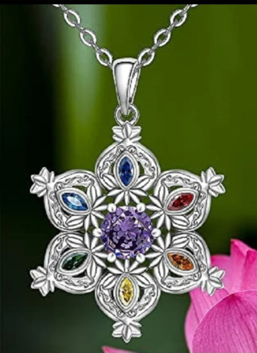 Flower Seven Charka Design Silver Plated Rhinestone Necklace For Calm And Inspiration