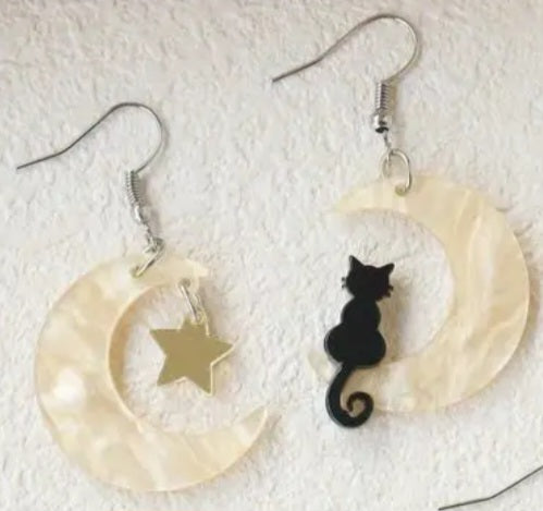 Acrylic Black Cat Sitting Yellow Crescent Moon Gold Star Design Dangle Earrings