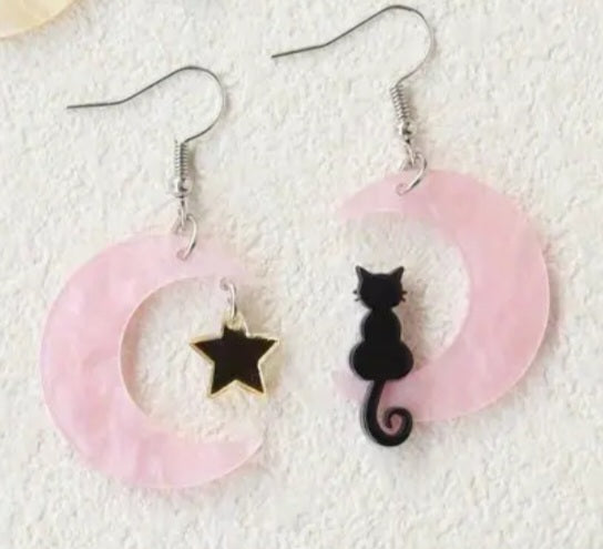 Acrylic Black Cat Sitting Pale Pink Crescent Moon Gold Star Design Dangle Earrings