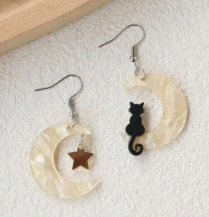 Acrylic Black Cat Sitting Yellow Crescent Moon Gold Star Design Dangle Earrings