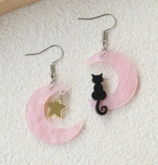 Acrylic Black Cat Sitting Pale Pink Crescent Moon Gold Star Design Dangle Earrings