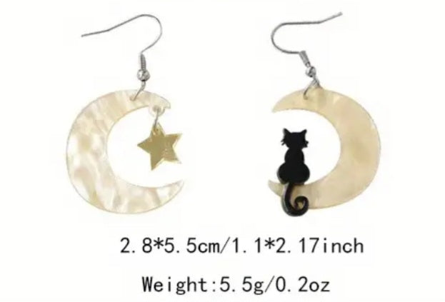 Acrylic Black Cat Sitting Yellow Crescent Moon Gold Star Design Dangle Earrings