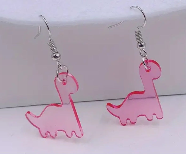 Cartoon Clear Transparent Pink Dinosaur Acrylic Dangle Earrings