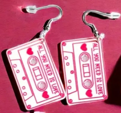 Acrylic Cassette Tape Retro Pink All You Need Is Love Design Dangle Earrings