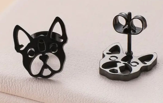 French Bulldog Face Design Black Enamel Stainless Steel Stud Earrings