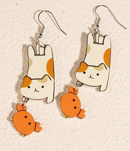 Cute Cartoon Cat With Crab Drop Dangle Acrylic Earrings