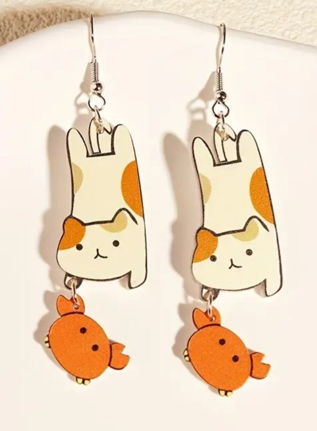 Cute Cartoon Cat With Crab Drop Dangle Acrylic Earrings