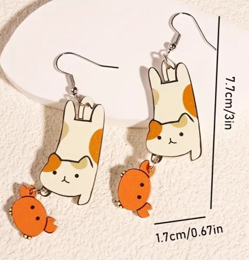 Cute Cartoon Cat With Crab Drop Dangle Acrylic Earrings