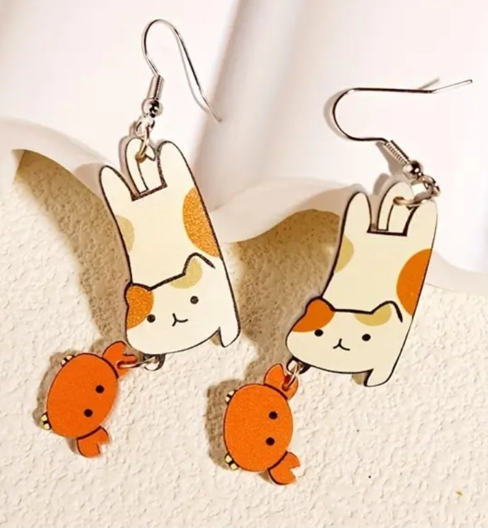 Cute Cartoon Cat With Crab Drop Dangle Acrylic Earrings